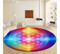 Diamètre 120 cm Tapis Rond Multicolore Antidérapant, Motif Géométrique Fleur Vie Imprimé Tapis - Moquette Fausse Laine Doux et Moelleux Lavage en Machine pour Décoration Salon Chambre Cuisine