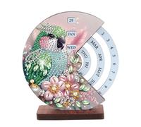 Diamond Art Calendrier perpétuel en bois rotatif manuel en bois, ornements de table ronds perpétuels sur une face - 07-perroquet