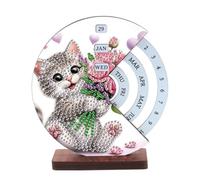 Diamond Art Calendrier perpétuel en bois rotatif manuel en bois, ornements de table ronds perpétuels sur une face - 13 chats