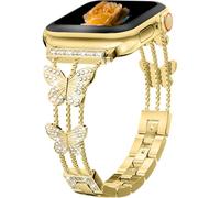 Diamond Butterfly Metal Band Compatible with Apple Watch Ultra3/2/1 SE3/2/1 Series11/10/9/8/7/6/5/4/3/2/1 Bracelet Luxe à Strass pour Femme pour 38/40/41/42/44/45/46/49mm - Or
