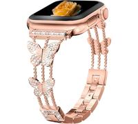 Diamond Butterfly Metal Band Compatible with Apple Watch Ultra3/2/1 SE3/2/1 Series11/10/9/8/7/6/5/4/3/2/1 Bracelet Luxe à Strass pour Femme pour 38/40/41/42/44/45/46/49mm - Or Rose