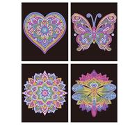 DIAMOND DOTZ DOTZIES 2594438 Kit de peinture diamant 5D original, motif mandalas néon, 4 images diamant colorées avec floc, kit de pointillage pour enfants à partir de 6 ans, débutants