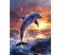 Diamond Painting Adulte, 5D DIY Dauphin Diamant Painting Kit Complet pour Débutants Coucher de soleil Peinture Diamant Broderie Point De Croix Canevas Peinture pour Decoration Murale 10x15cm L-555