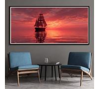 Diamond Painting Adulte 5D Voilier Peinture Diamant Grand Format 80x160cm, DIY Mer Orange Diamond Painting Kit Complet, Broderie Diamant Kits Artisanat, Décoration Murale pour la Maison (RD152)