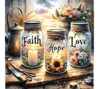 Diamond Painting Adulte 5D Wishing Bottle Faith Hope Love,Kit DIY Peinture Diamant Fleur avec Bougie,Diamant rond kit,Broderie Diamant pour Déco Murale Maison,Art Strass pour Adultes Débutants 30X30CM