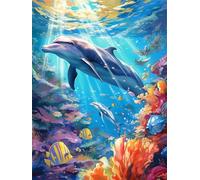 Diamond Painting Adulte Dauphin 5D Diamond Painting Enfant Océan Broderie Diamant Peinture Kit Complet Accessoires, DIY Ronde Cristal Diamant Art Set, Decoration Murale, Cadeau Femme 50x70cm G-1149