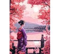 Diamond Painting Adulte Enfant, 5D DIY Broderie Diamant Kit Complet Geisha Sakura, Peinture Diamant Artisanat Strass Point de Croix Painting pour Adultes, Décoration Intérieur Cadeaux 80x110 cm J-1043