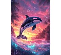 Diamond Painting Adulte Enfant Coucher Soleil Peinture Diamant Painting Dauphin DIY 5D Broderie Diamant Kit Complet, Point de Croix Loisirs Créatifs Adultes pour Decoration Murale 15x20 cm X4-1468