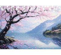 Diamond Painting Adulte Enfant Fleurs Cerisier Peinture Diamant Painting Lac DIY 5D Broderie Diamant Kit Complet, Point de Croix Loisirs Créatifs Adultes pour Décoration Murale Cadeau 35x50 cm X4-298