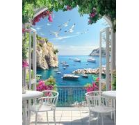 Diamond Painting Adulte Enfant Front De Mer, DIY 5D Diamant Kit Art Terrasse Convient pour Débutant Ronde Point de Croix Cristal Kit Complet Canevas Peinture Diamant, Murale Décoration 30x40cm jz-223