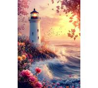 Diamond Painting Adulte Enfant Phare Peinture Diamant Painting Fleur DIY 5D Broderie Diamant Kit Complet, Strass Point de Croix Loisirs Créatifs Adultes pour Décoration Murale Cadeau 50x70 cm X4-1272