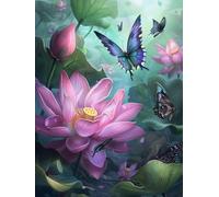 Diamond Painting Adulte Fleur Lotus Peinture Diamant Papillons Broderie Diamant kit Complet Accessoires DlY Loisirs Créatifs Adultes Diamond Art Point de Croix pour Décoration Murale 30x40cm G0-343