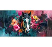 Diamond Painting Adulte, Fleurs chevaux Peinture Diamant Set, DIY Diamant Painting Kit Complet, Diamond Cristal Perle Broderie Point de Croix Art Set Pour La Décor Murale à La Maison 70x140cm b-414