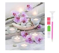 Diamond Painting Adulte,Violet Orchidées Bougies colorée Fleurs Paysage Peinture 5D Diamant Kits, 5D Complet Kits de Broderie Diamant Pierres DIY Artisanale Diamant Murale Décoration Art Set (B)