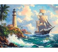 Diamond Painting Bateau, Diamond Painting Enfant Phare, Peinture Diamant Enfant, 5D Bricolage Kit Broderie Loisirs Créatifs Adultes, Point de Croix Paintings pour Maison Décoration 80x60cm C3-353