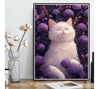 Diamond Painting Chat Diamond Painting Adulte, Peinture Diamant Lavande Broderie Diamant 5D DIY Diamant Mosaik Strass Point de Croix Loisirs Créatifs pour Decoration Murale, Cadeau 30x40CM -ly25082HP