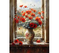 Diamond Painting Coquelicot, Fenêtre Diamond Painting 5D Complet, DIY Peinture Broderie Diamant Painting Kit Complet, Diamant Artisanat Strass Point de Croix Kit pour Tableau Decoration Murale 40x50cm