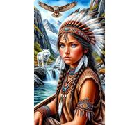 Diamond Painting Fille indienne animal,Kit de Peinture Diamant Complet pour Adultes,5D Round Strass Broderie Diamant,DIY Cristal Point de Croix Diamond Art pour Maison Murale Décor 40x90 cm