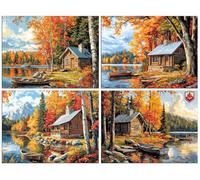 Diamond Painting Kit Adulte, 5D DIY Maison de village à feuilles caduques Kits de Peinture Diamant, Lot de 4 Kit Complet en Perle a Coller, Peinture Diamant Point de Croix Murale Décor 60x80cm T-614