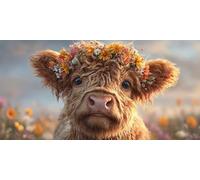 Diamond Painting Kit Adulte,Diamant Painting Adulte Images Ronde Diamond Peinture Diamant, Bovins Des Hautes Terres Fleur 5D DIY Point de Croix Cristal Débutant Art Set pour Décoration 50x100cm J0K-44