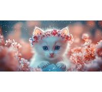 Diamond Painting Kit Adulte,Diamant Painting Adulte Images Ronde Diamond Peinture Diamant, Fleur Le Chat Blanc 5D DIY Point de Croix Cristal Débutant Art Set pour Décoration Murale 25x50cm J0K-68