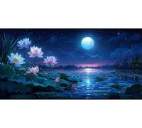 Diamond Painting Kit Adulte,Diamant Painting Adulte Images Ronde Diamond Peinture Diamant, Fleurs De Lotus Lune 5D DIY Point de Croix Cristal Débutant Art Set pour Décoration Murale 25x50cm J0K-131