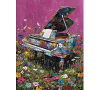 Diamond Painting Kit Adulte et Enfant, Diamant Painting Images Ronde Diamond Peinture Diamant Adulte, Piano fleurs 5D DIY Cristal Débutant Art Set, Strass Point de Croix Décoration Murale 40x50cm E185