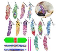 Diamond Painting Lot de 12 marque-pages en forme de plume 5D DIY Diamant Peinture Marque-page Diamant Painting Bookmark Enfants Adultes Avec pendentif en cristal pour filles Marqueurs de pages