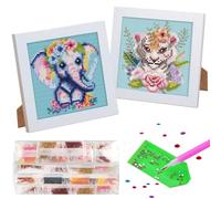 Diamond Painting Lot de 2 peintures diamant pour enfants Motif animaux éléphant tigre 5D DIY Diamond Painting Fleurs multicolore Peinture diamant avec cadre pour décoration murale de la maison 18x18cm
