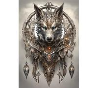 Diamond Painting Loup Diamant Painting, 5D Attrape-RêVes Diamond-Painting Broderie Diamant Kit Complet, Peinture Diamant Adulte DIY Cristal Strass Diamond Dots, Tableau Decoration Murale 40x50cm