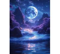 Diamond Painting Lune Diamond Painting Adulte Enfant, 5D DIY Broderie Diamant Kit Complet Vagues de l'océan, Peinture Diamant Artisanat Strass Point de Croix Art Set, pour Décor Maison 20x30 cm W-2818