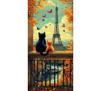 Diamond Painting Paris, 5D Diamond Painting Adulte Grand Format Chat Kit Broderie Tableau Diamant Complet Rond, Loisirs Créatifs Adultes Diamant Point de Croix Peinture, Cadeau Femme 60x120cm X-8G5805