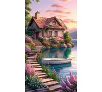 Diamond Painting Paysage de maison au bord rivière,Kit de Peinture Diamant Complet pour Adultes,5D Round Strass Broderie Diamant,DIY Cristal Point de Croix Diamond Art pour Murale Décor 20x50 cm