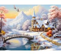 Diamond Painting Paysage Hivernal Enneigé 5D DIY Pont Sur la Rivière Broderie Diamant Kit Complet, Diamond-Painting Grand Format 120x80 cm, Peinture Diamant Artisanat pour Murale Décoration -RD435