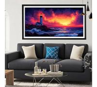 Diamond Painting Phare Diamond Painting Adulte, Mer Peinture Diamant Débutants, DIY Canevas Kit Broderie Diamant Complet Kit Strass Point de Croix Cristal pour Decoration Chambre Maison 70x140CM Y6-45