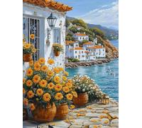 Diamond Painting Pots de fleurs, 5D Kit Complet Diamond-Painting Front de mer, Loisirs Créatifs Adultes, DIY Canevas Enfants Débutant, Cristal Peinture Diamant, Décoration Maison de Noël 60x80cm Q-374