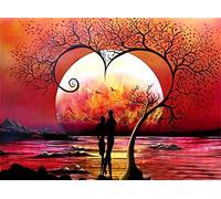 Diamond Painting Set, tableau avec motif Coucher de soleil avec cœur et accessoires, kit de bricolage pour peindre avec des pierres brillantes pour les enfants à partir de 5 ans