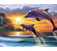 Diamond Painting Set, tableau avec motif dauphins et accessoires, dimensions env. 35 x 25 cm, set de bricolage pour peindre avec des pierres brillantes pour enfants à partir de 5 ans