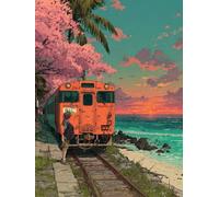 Diamond Painting Train, 5D Diamond Painting Adulte Plage, DIY Activité Manuelle Adulte, 5D Diamant Point de Croix Kits, DIY Peinture Diamant Enfant Kits, Decoration Murale, Cadeau, 60x90cm 0-3833