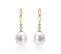Diamond Treats Boucles d'Oreilles en Perle de Culture en Or Jaune 9 Carats, Boucles d'Oreilles Pendantes en Perles Blanches, Boucles d'Oreilles Perles en Or 9ct pour Femme et Jeune Fille