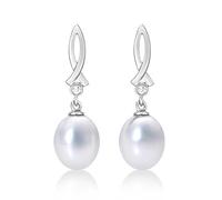 Diamond Treats Boucles d'Oreilles Perle de Culture en Or Blanc 9 Carats, Boucles d'Oreilles avec Perles Blanches, Boucles d'Oreilles Perles en Or 9ct pour Femme et Jeune Fille