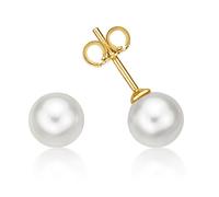 Diamond Treats Boucles d'Oreilles Perle de Culture en Or Jaune 9 Carats, Boucles d'Oreilles en Clou avec Perles Blanches 8 mm, Boucles d'Oreilles Perles en Pointe pour Femme et Jeune Fille