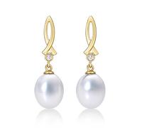 Diamond Treats Boucles d'Oreilles Perle de Culture en Or Jaune 9 Carats - Perles Blanches et Zircons pour Femme et Jeune Fille