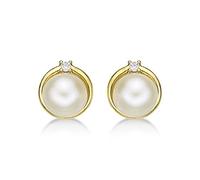 Diamond Treats Boucles d'Oreilles Perles pour Femme, Boucles d'Oreilles en Or Jaune 9K avec Perles de Cultures de 6mm avec Zircon, Boucles d'Oreilles en Or 9 Carats