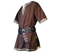 DianShaoA Homme Manche Courte Chemise Col V Medievale Costume Blouse Pirate Renaissance Pas De Ceinture Marron L