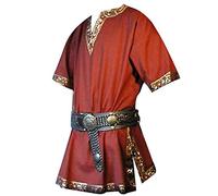 DianShaoA Homme Manche Courte Chemise Col V Medievale Costume Blouse Pirate Renaissance Pas De Ceinture Rouge 3XL