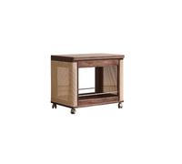 DIANXI Canapé Table Basse Chariot à Vin Bois Massif, Table d'Appoint Mobile en Noyer et Rotin, Meuble de Rangement Pliant pour Salon Table d'appoint Latérale