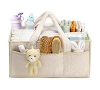 Diaper Bag Organizer, Portable Diaper Basket with Removable Dividers, 38 x 25.4 x 17.8 cm Diaper Storage Bag for On-the-Go, with Plush Bear, Changing Table Organizer for Wipes and Baby Supplies (White
