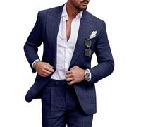 Diaryan Ensemble de costume décontracté 2 pièces en lin pour homme, blazer à un bouton, veste et pantalon pour bal de fin d'année, fête de mariage, bleu marine, Taille L