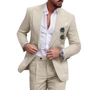 Diaryan Ensemble de costume en lin pour homme 2 pièces, coupe régulière, smoking décontracté, veste boutonnée unie et pantalon pour bal de promo, mariage, soirée, beige, Taille S
